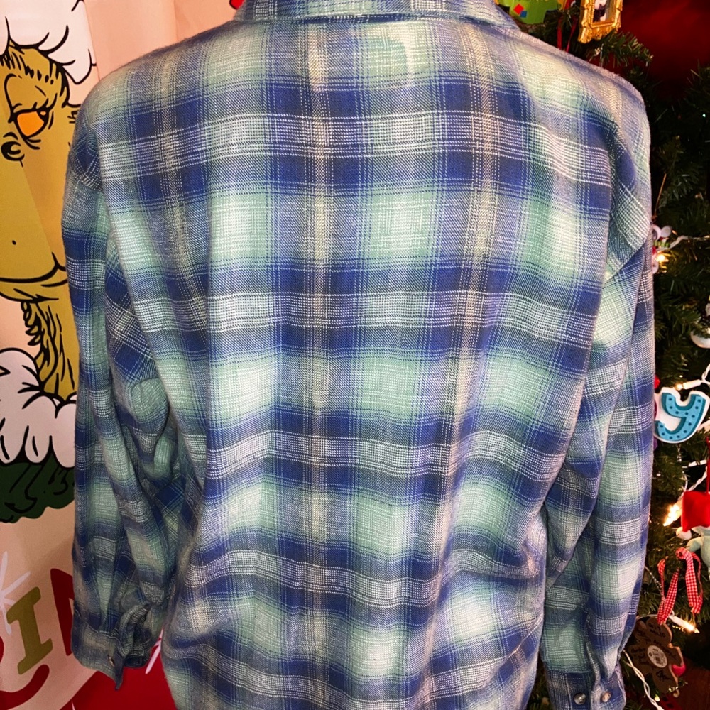 Vintage Blue Plaid Long Sleeve Button Down Shirt Medium Birds Embroidered - Picture 6 of 6